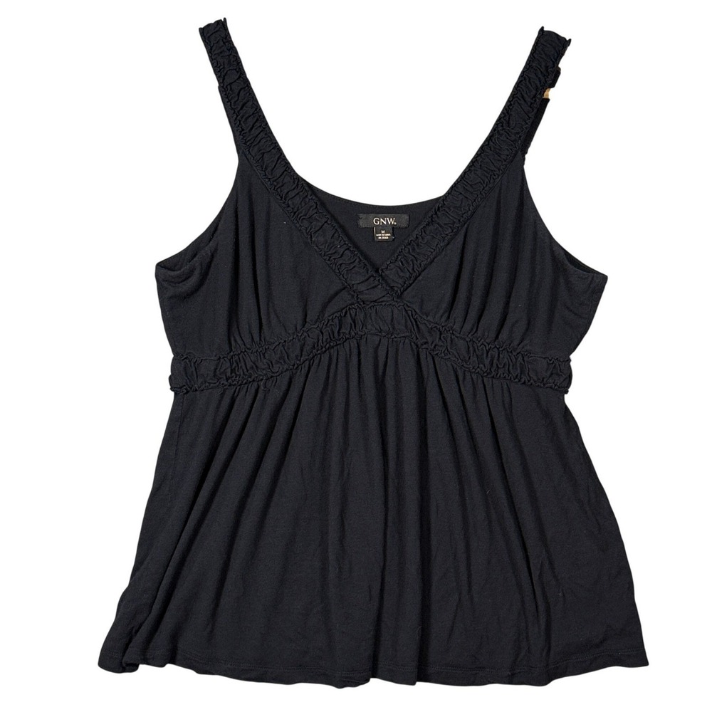GNW Babydoll Tank Top Womens Empire Waist Medium Black Viscose Ruffle Boho Y2K